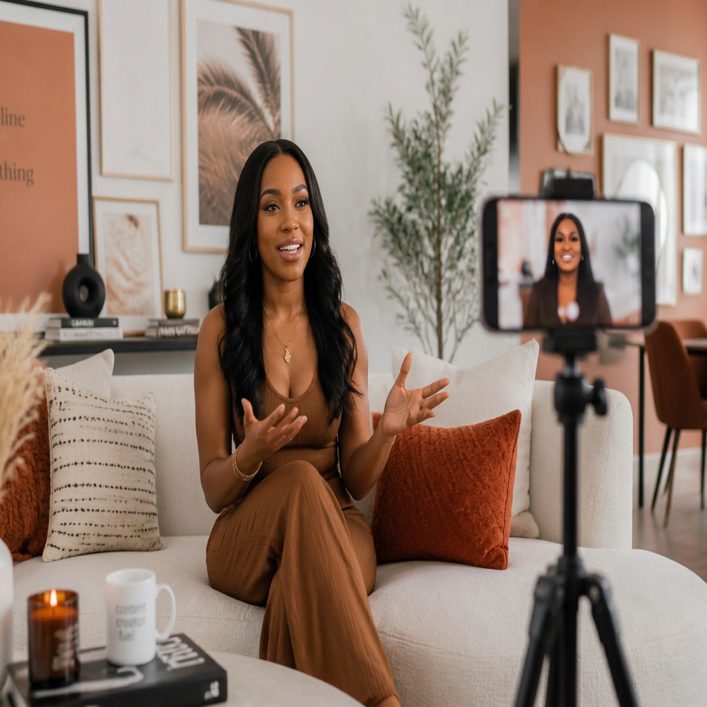 Ola filming a product review in her living room
