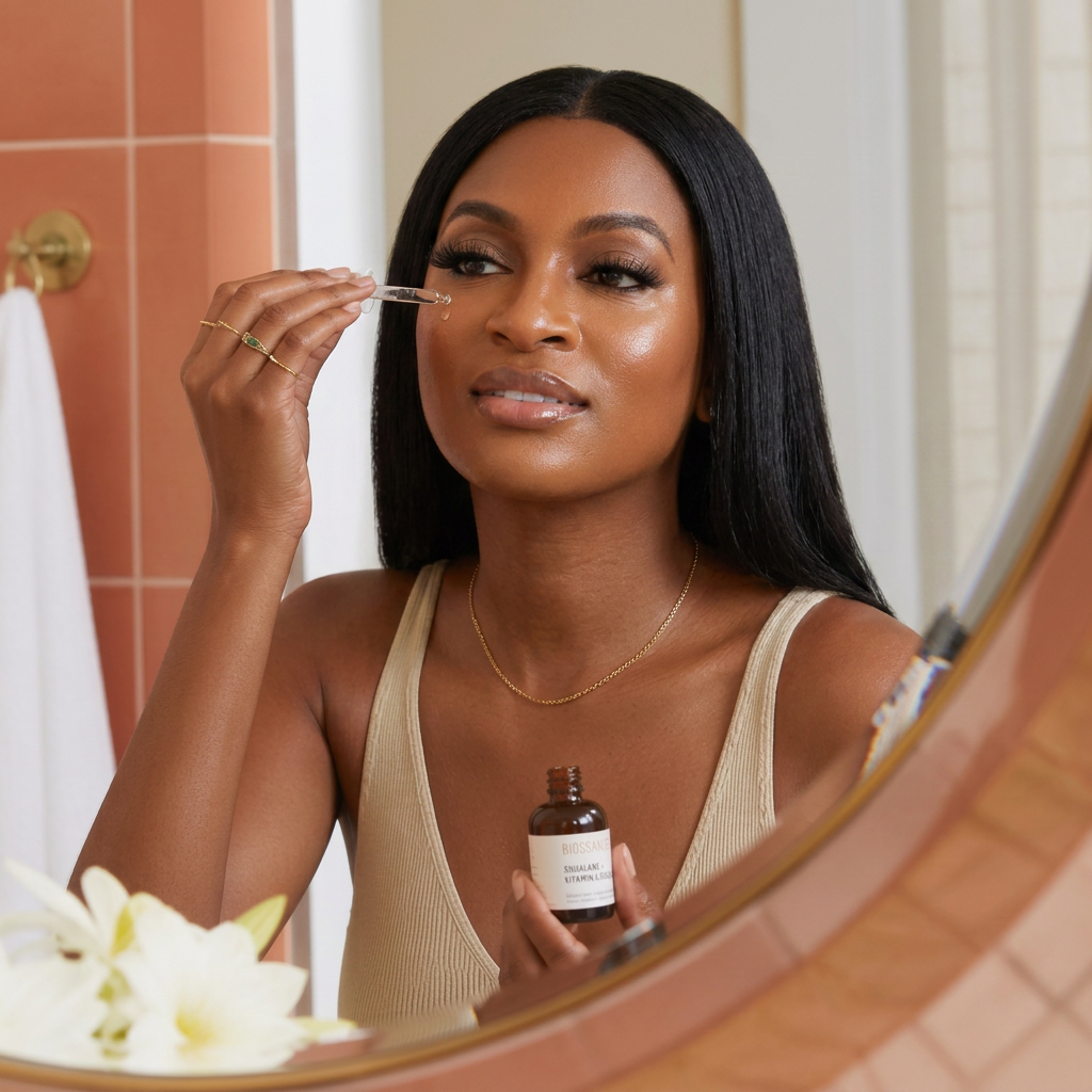 Ola holding a skincare serum beside her glowing skin