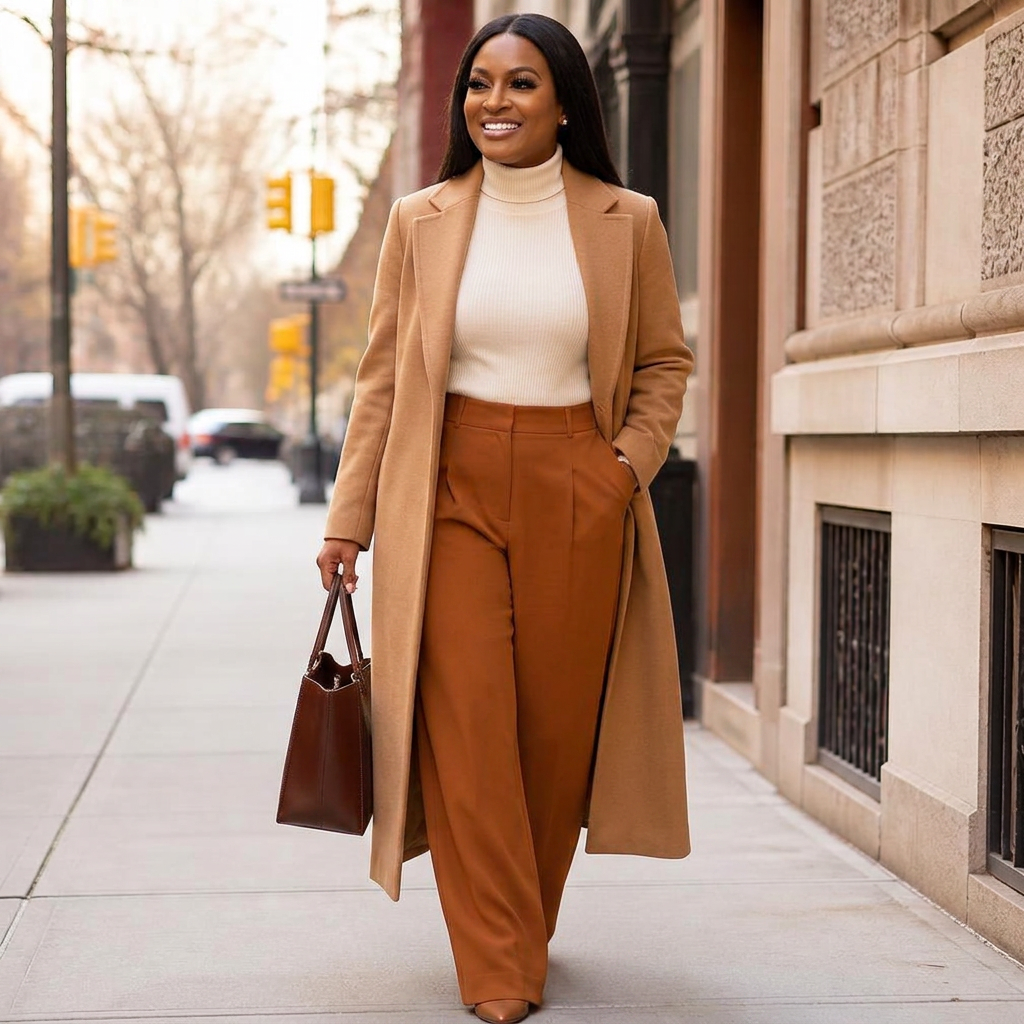 Ola walking a city street in a camel wool coat